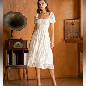 NWT RIHOAS Beige Square Neck Puffed Sleeve Midi Dress